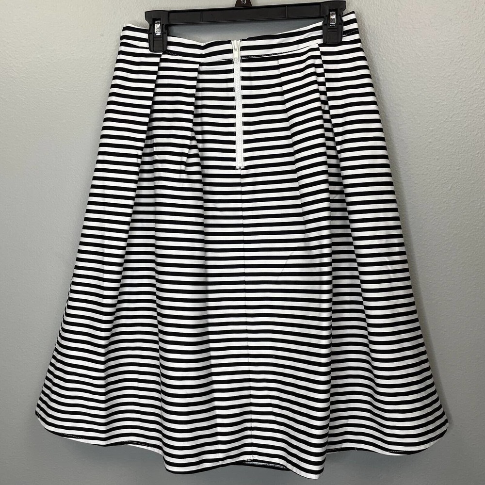 Lulus Womens Flare Skirt Black White Stripe Cotton Blend Stretch Pleated Large - Picture 2 of 10